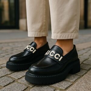 Gucci Black Leather Platform Loafers